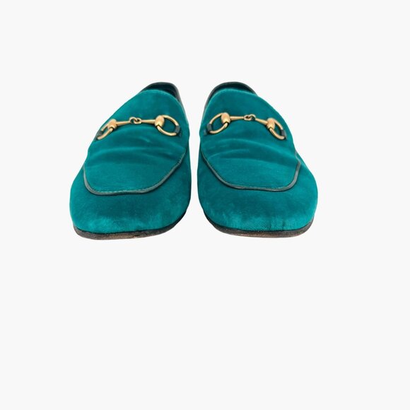 Gucci Jordaan Horsebit Loafer EU 37 US 7 Teal Velvet Flat Buckle Shoe Green Blue - Picture 5 of 12
